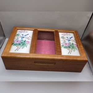 Vintage Wooden Jewelry Box w Mirror Padded Bird Panels Mid Century 12x7x3"